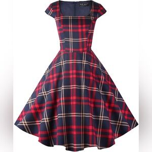 PUKAVT Women's Cocktail Party Dress Cap Sleeve 50s Retro Swing Dress Pockets L